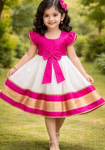 pink white gold zari border cotton silk kids frock