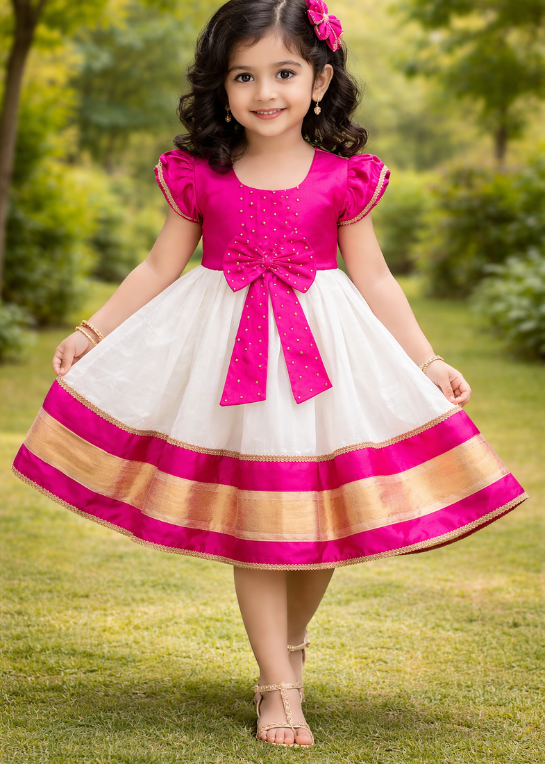 pink white gold zari border cotton silk kids frock