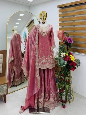 Onion pink fendy silk embroidered stitched sharara kurta and duppta set 2