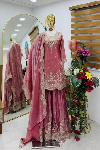 onion pink fendy silk embroidered stitched sharara kurta and duppta set