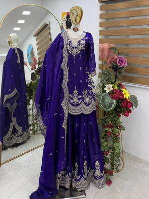 Blue  fendy silk embroidered stitched sharara kurta and duppta set 2