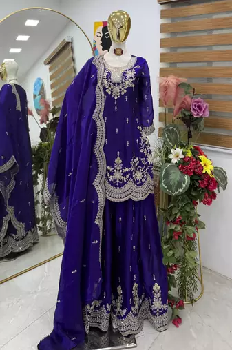 blue  fendy silk embroidered stitched sharara kurta and duppta set