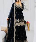 Black fendy silk embroidered stitched sharara kurta and duppta set