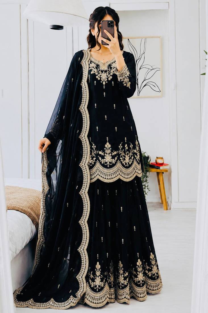 Black fendy silk embroidered stitched sharara kurta and duppta set