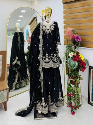 Black fendy silk embroidered stitched sharara kurta and duppta set 2
