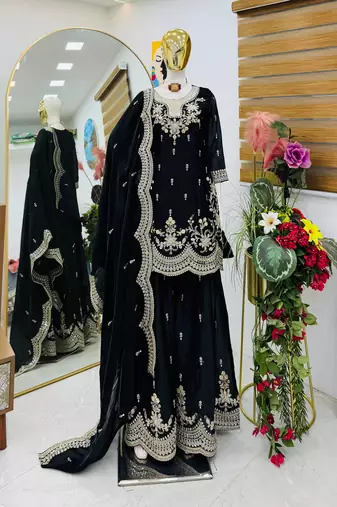black fendy silk embroidered stitched sharara kurta and duppta set