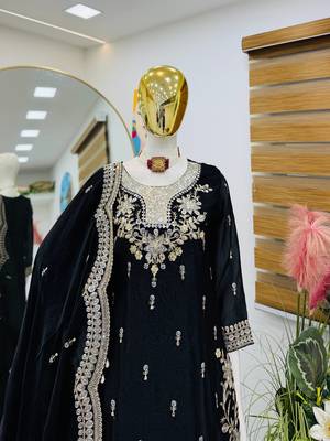 Black fendy silk embroidered stitched sharara kurta and duppta set 4