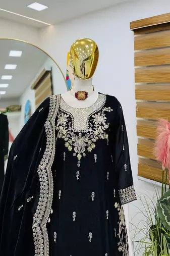 black fendy silk embroidered stitched sharara kurta and duppta set