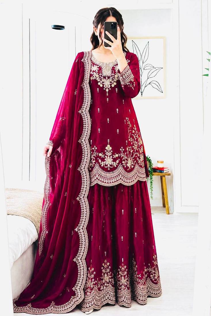 Pink fendy silk embroidered stitched sharara kurta and duppta set