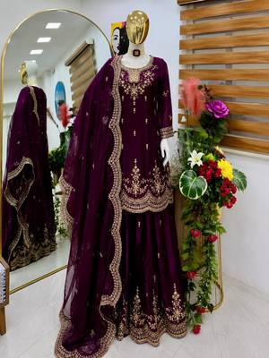 wine fendy silk embroidered stitched sharara kurta and duppta set 4