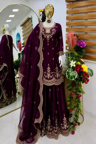 wine fendy silk embroidered stitched sharara kurta and duppta set