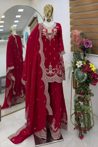 pink fendy silk embroidered stitched sharara kurta and duppta set