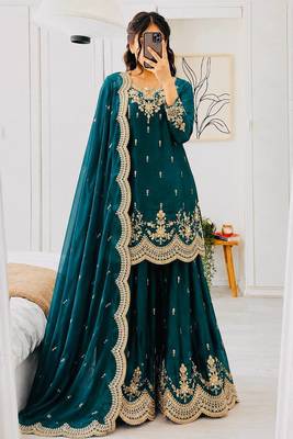 sea green fendy silk embroidered stitched sharara kurta and duppta set 1