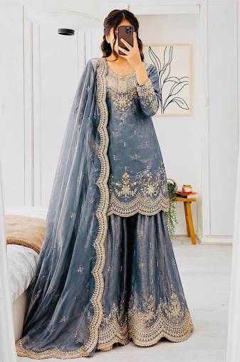 grey fendy silk embroidered stitched sharara kurta and duppta set