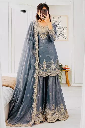 grey fendy silk embroidered stitched sharara kurta and duppta set
