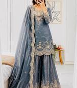grey fendy silk embroidered stitched sharara kurta and duppta set