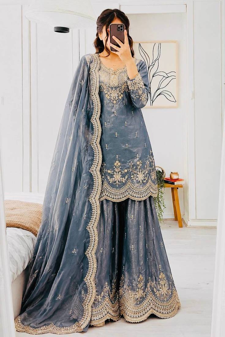 grey fendy silk embroidered stitched sharara kurta and duppta set