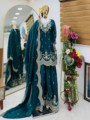 sea green fendy silk embroidered stitched sharara kurta and duppta set 4