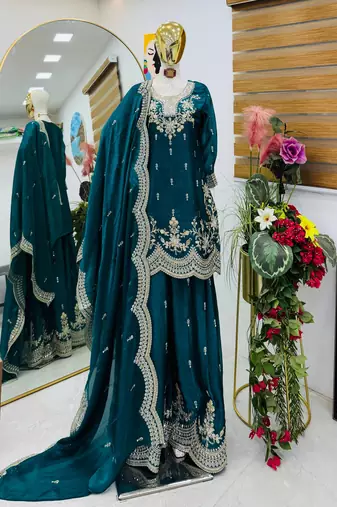 sea green fendy silk embroidered stitched sharara kurta and duppta set