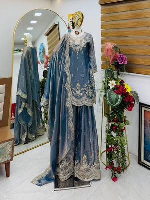 grey fendy silk embroidered stitched sharara kurta and duppta set 4