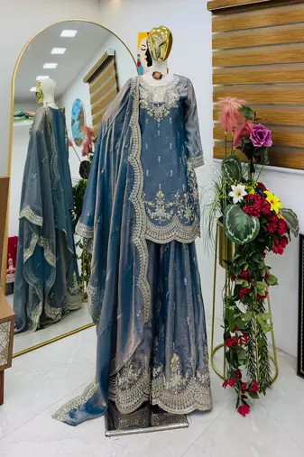 grey fendy silk embroidered stitched sharara kurta and duppta set