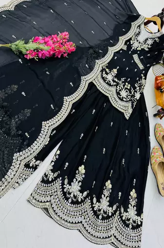 black fendy silk embroidered stitched sharara kurta and duppta set
