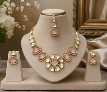 kundan baby pink mehendi polish necklace set with earrings and maang tikka for bridal wedding jewelry 1
