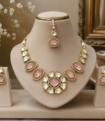kundan baby pink mehendi polish necklace set with earrings and maang tikka for bridal wedding jewelry