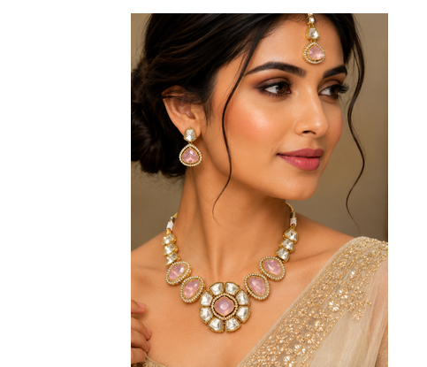 kundan baby pink mehendi polish necklace set with earrings and maang tikka for bridal wedding jewelry 2