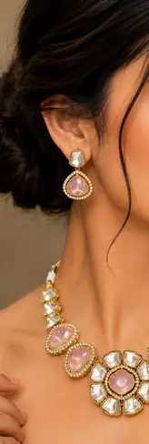 kundan baby pink mehendi polish necklace set with earrings and maang tikka for bridal wedding jewelry