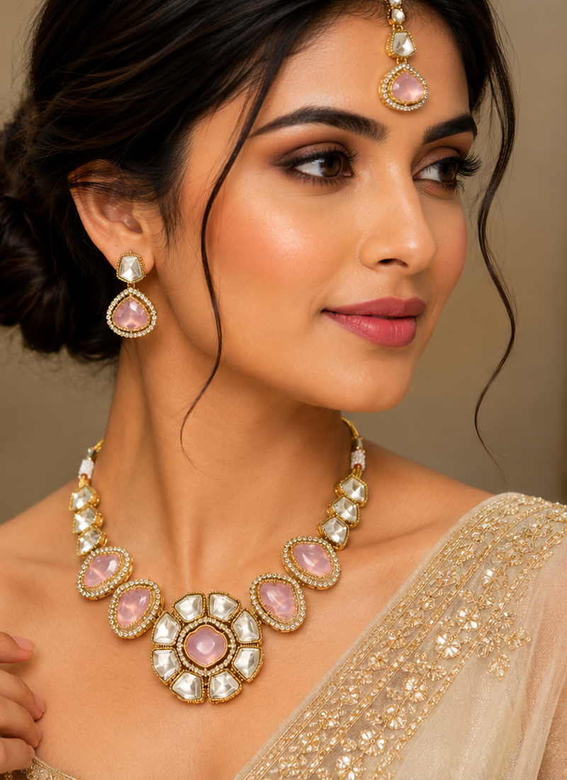 kundan baby pink mehendi polish necklace set with earrings and maang tikka for bridal wedding jewelry