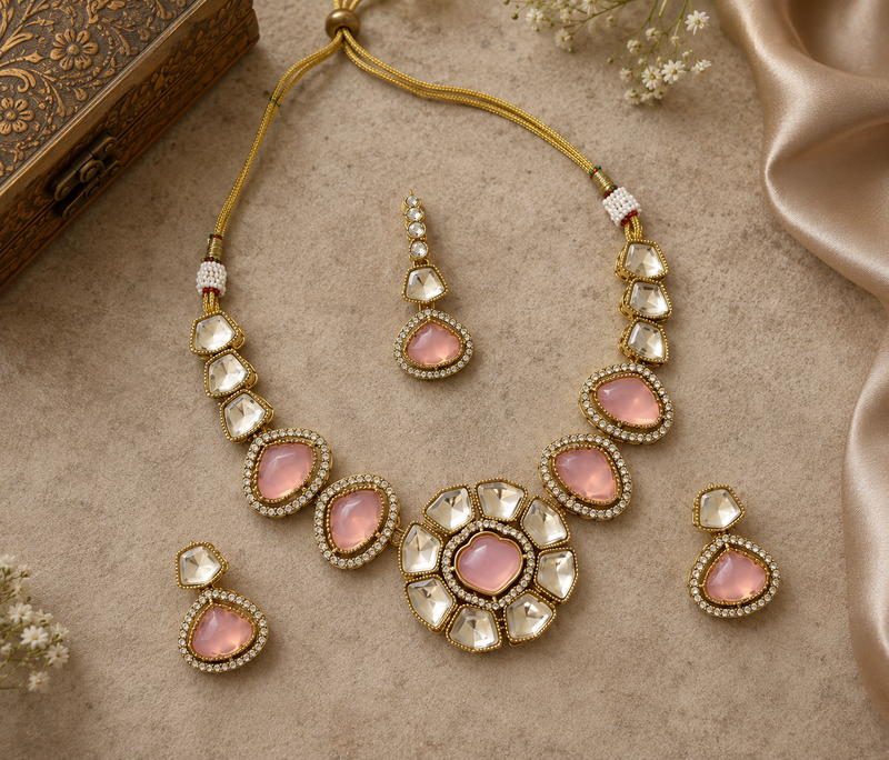 kundan baby pink mehendi polish necklace set with earrings and maang tikka for bridal wedding jewelry