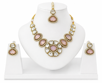 kundan baby pink mehendi polish necklace set with earrings and maang tikka for bridal wedding jewelry 4