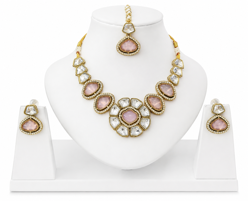 kundan baby pink mehendi polish necklace set with earrings and maang tikka for bridal wedding jewelry