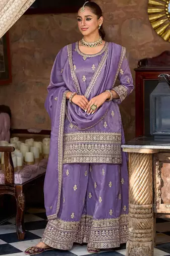 Ethnic Motifs Embroidered Round Neck Zari Straight Kurta & Palazzos With Dupatta