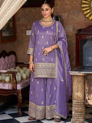Ethnic Motifs Embroidered Round Neck Zari Straight Kurta & Palazzos With Dupatta 2