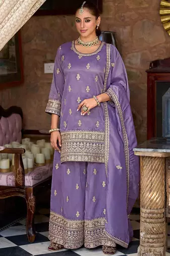 Ethnic Motifs Embroidered Round Neck Zari Straight Kurta & Palazzos With Dupatta