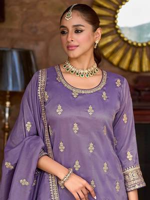 Ethnic Motifs Embroidered Round Neck Zari Straight Kurta & Palazzos With Dupatta 4