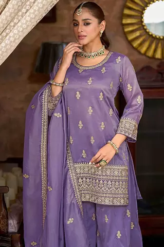 Ethnic Motifs Embroidered Round Neck Zari Straight Kurta & Palazzos With Dupatta