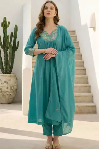 Women Ethnic Motifs Embroidered Pleated Thread Work Pure Cotton Kurta with Trousers & With Dupatta