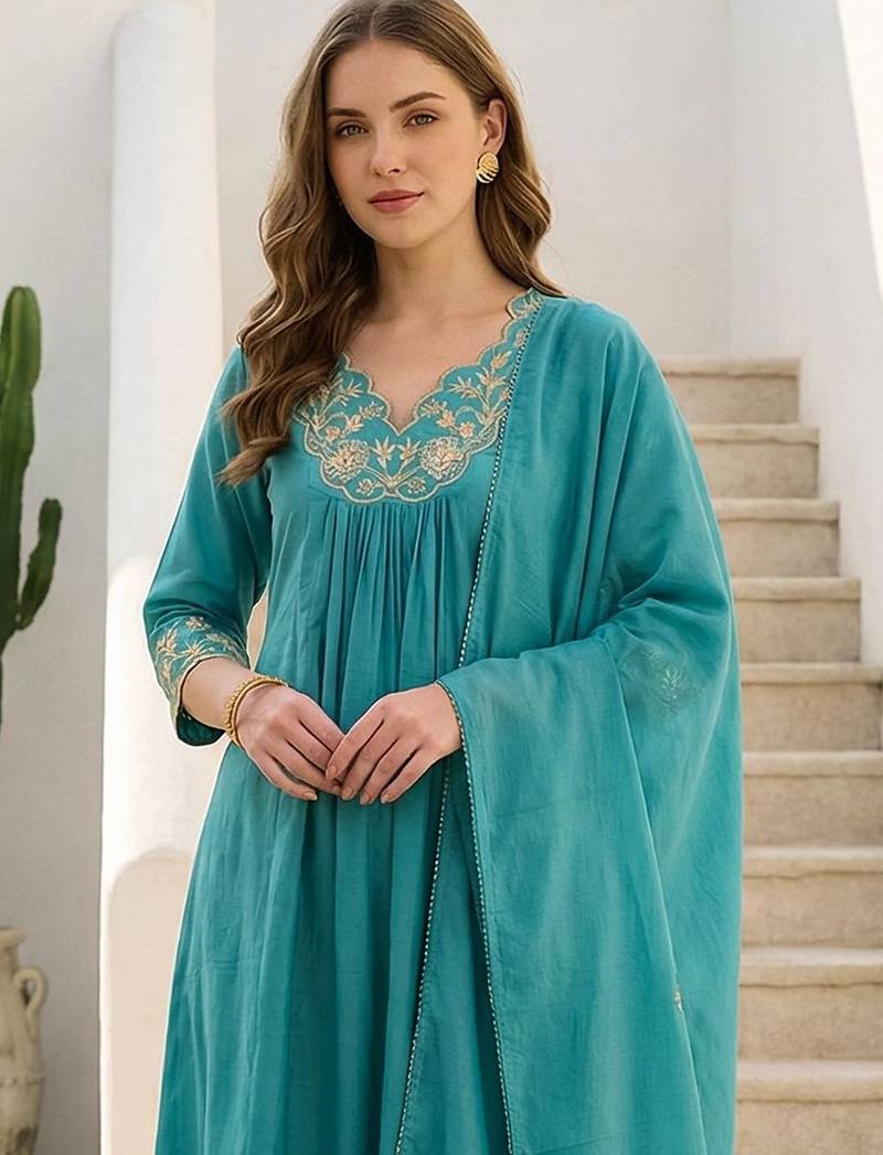 Women Ethnic Motifs Embroidered Pleated Thread Work Pure Cotton Kurta with Trousers & With Dupatta