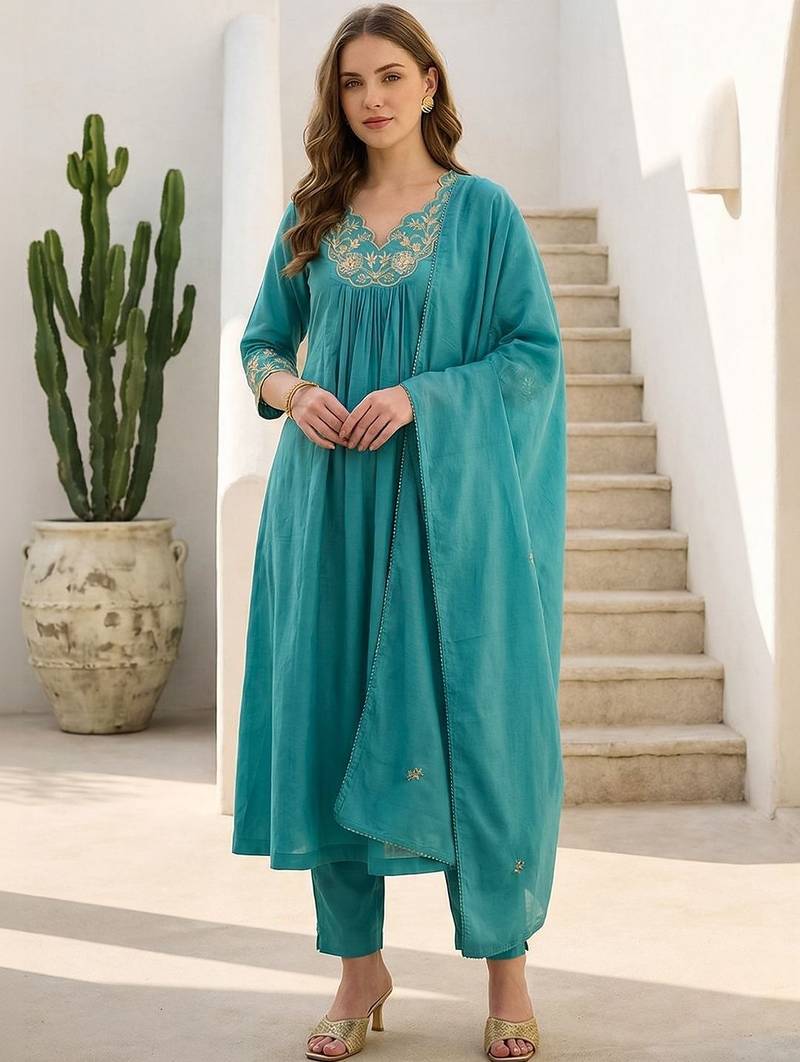 Women Ethnic Motifs Embroidered Pleated Thread Work Pure Cotton Kurta with Trousers & With Dupatta