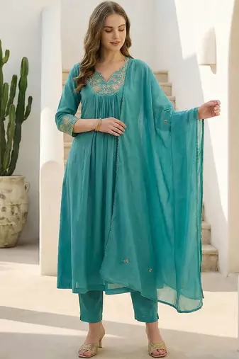 Women Ethnic Motifs Embroidered Pleated Thread Work Pure Cotton Kurta with Trousers & With Dupatta