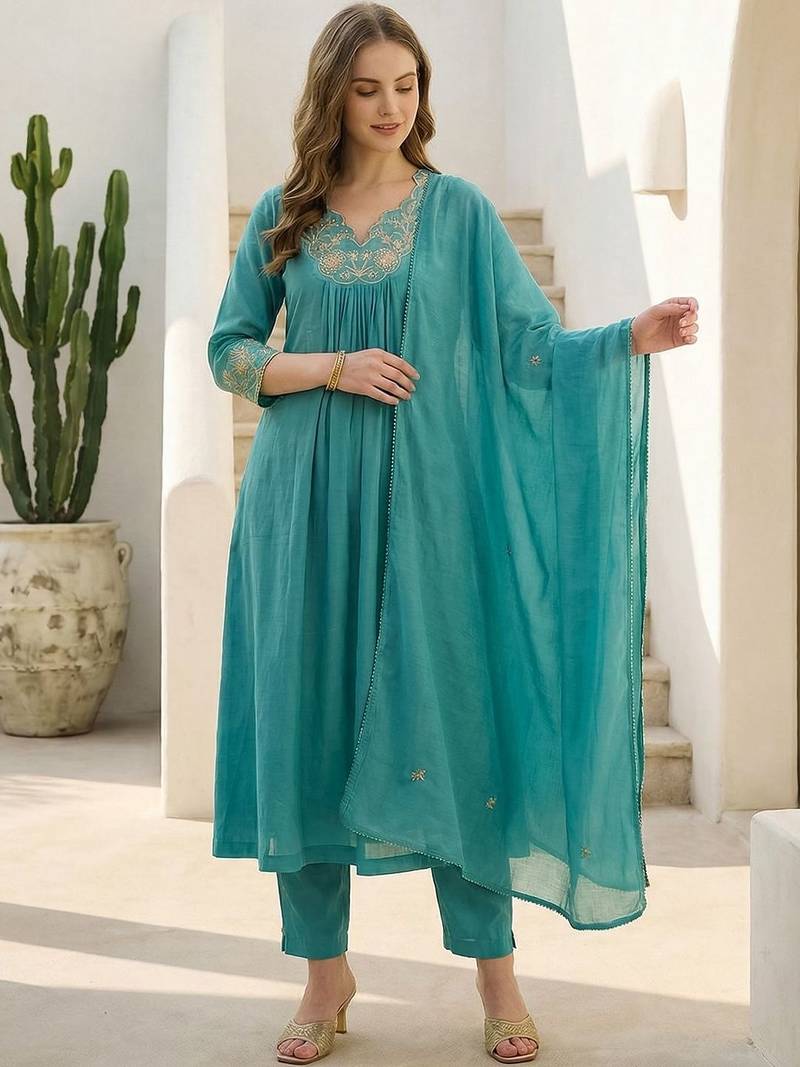 Women Ethnic Motifs Embroidered Pleated Thread Work Pure Cotton Kurta with Trousers & With Dupatta