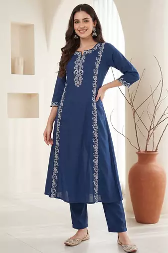 Women Ethnic Motifs Embroidered Regular Thread Work Pure Cotton Kurta with Trousers