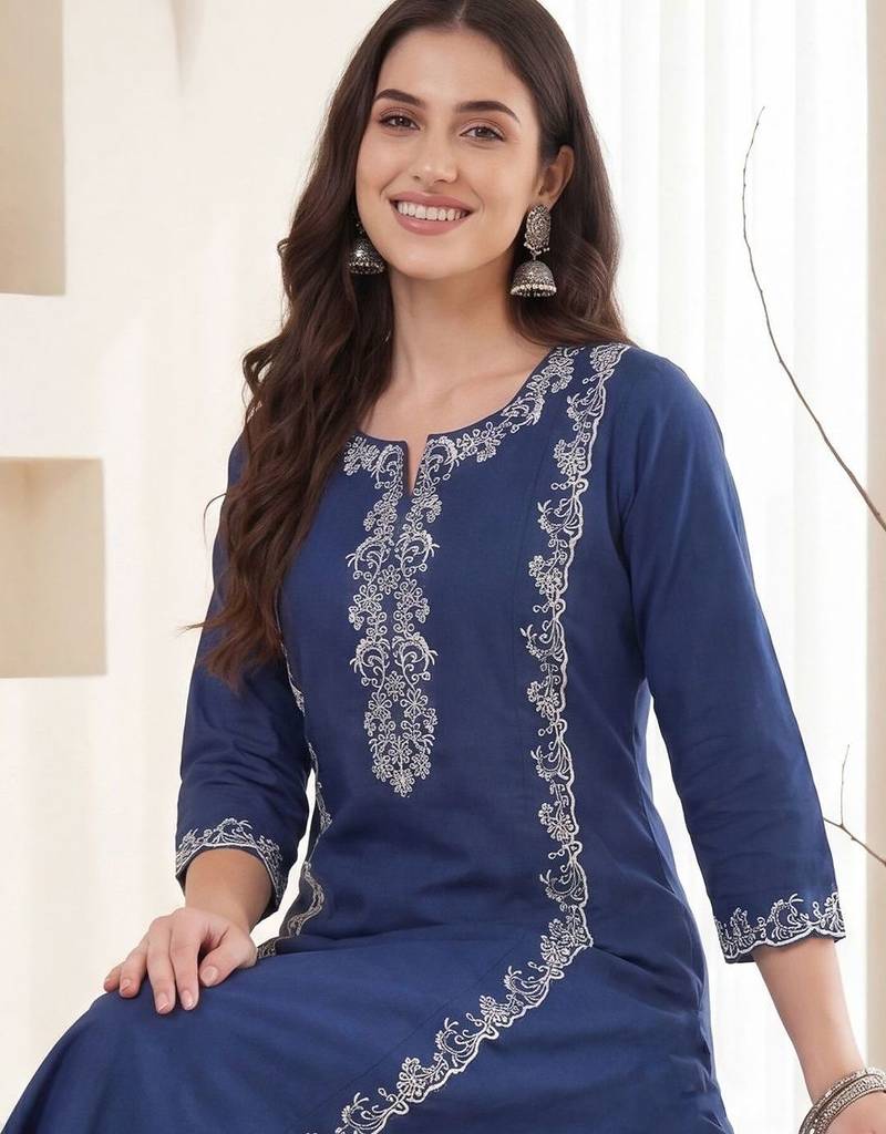 Women Ethnic Motifs Embroidered Regular Thread Work Pure Cotton Kurta with Trousers