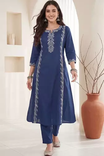 Women Ethnic Motifs Embroidered Regular Thread Work Pure Cotton Kurta with Trousers