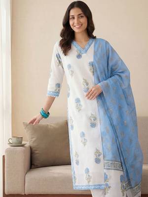 Women Floral Printed Regular Pure Cotton Kurta with Trousers & With Dupatta 2