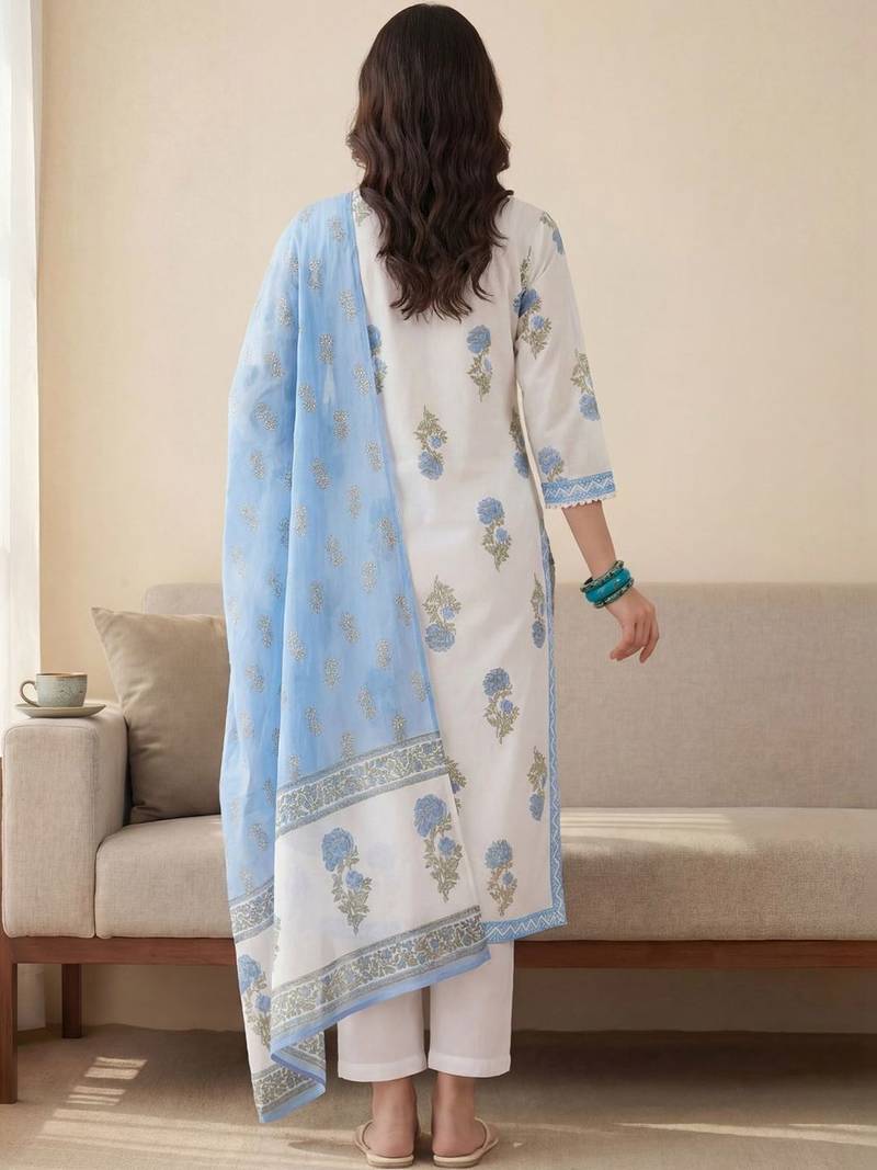 Women Floral Printed Regular Pure Cotton Kurta with Trousers & With Dupatta