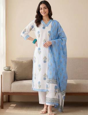 Women Floral Printed Regular Pure Cotton Kurta with Trousers & With Dupatta 6